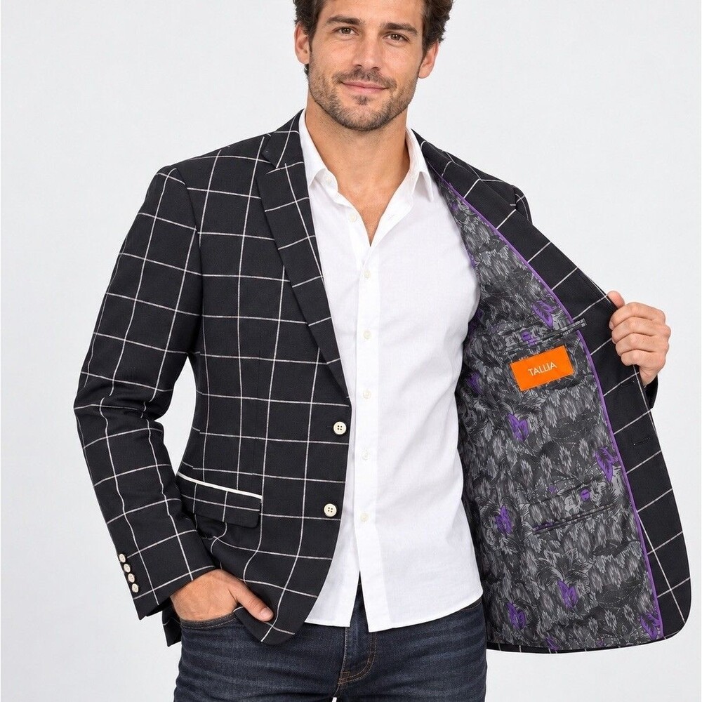 Tallia Mens 44R 100% Linen Blazer Black White Windowpane Plaid Sport Coat